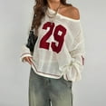 thumbnail image 1 of Women’s Oversized Knit Mesh Sweater Pullover, Casual Off-Shoulder Long Sleeve Lightweight Top with Number Print 29, 1 of 4