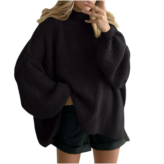 Women's Oversized Knit Pullover High Neck Sweater Batwing Jumper Fall Warm Tops Cute Long Sleeve Clothing Fashion Y2k Clothes Thicken Fleece Apparel Stylish Fall Outfits