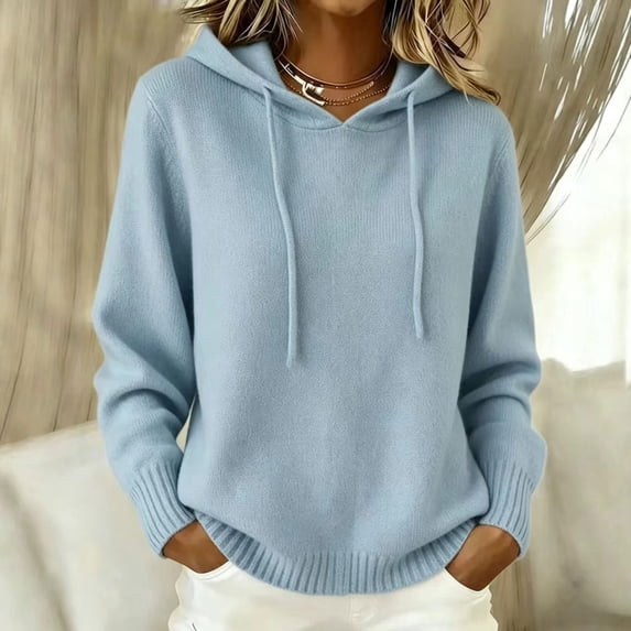 Women's Oversized Knit Pullover Hoodie | Cozy Loose Fit Sweatshirt for Casual Daily Wear, Light Blue, L for Fall Winter