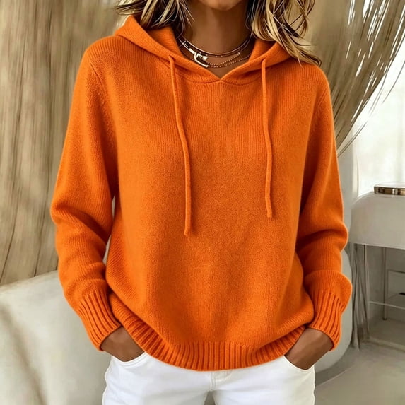 Women's Oversized Knit Pullover Hoodie | Cozy Loose Fit Sweatshirt for Casual Daily Wear, Orange, XL for Fall Winter