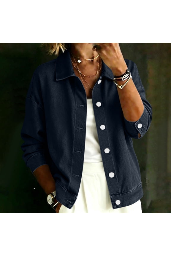 Women's Oversized Lapel Denim Jacket Button Front Loose Fitting Short Trucker Jean Coat Outerwear Streetwear Navy S