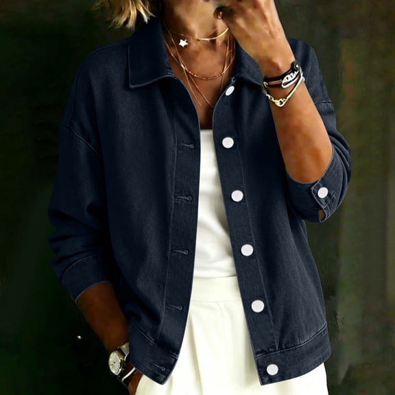 Women's Oversized Lapel Denim Jacket Button Front Loose Fitting Short Trucker Jean Coat Outerwear Streetwear Navy S