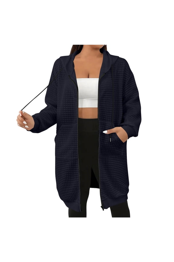Women's Oversized Long Cardigan Open Front Duster Hoodie with Drawstring - Soft Waffle Long Sweatshirts with Pocket
