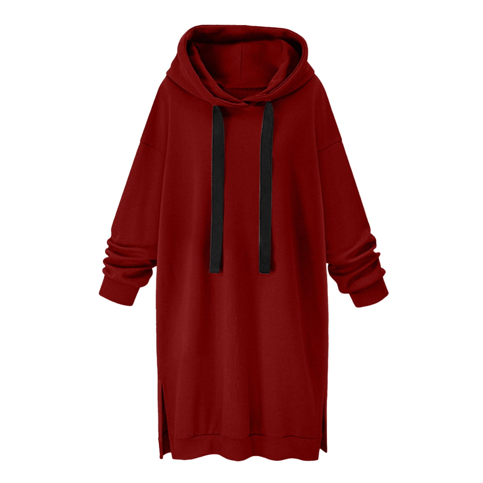 Women s Oversized Long Hoodie Dress Fleece Cotton Side Split Pullover Hooded Sweatshirt Drawstring Sweater Top Large Wine