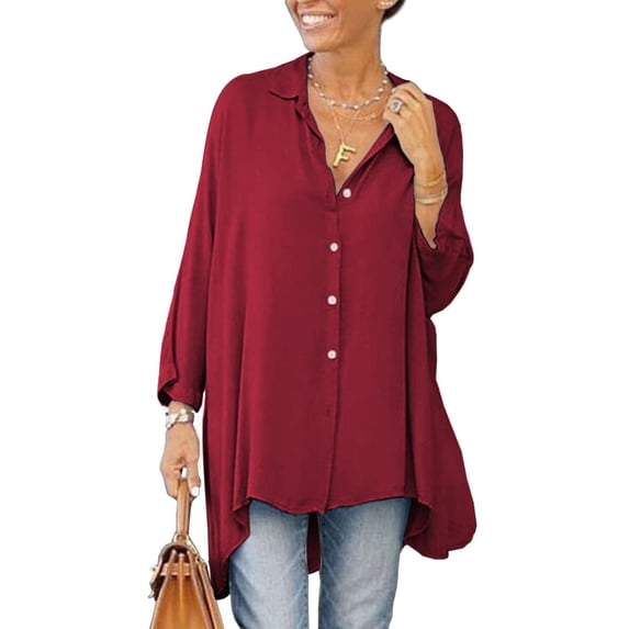 Women's Oversized Long Sleeve Button Down Shirt Loose High‑Low Hem Blouse