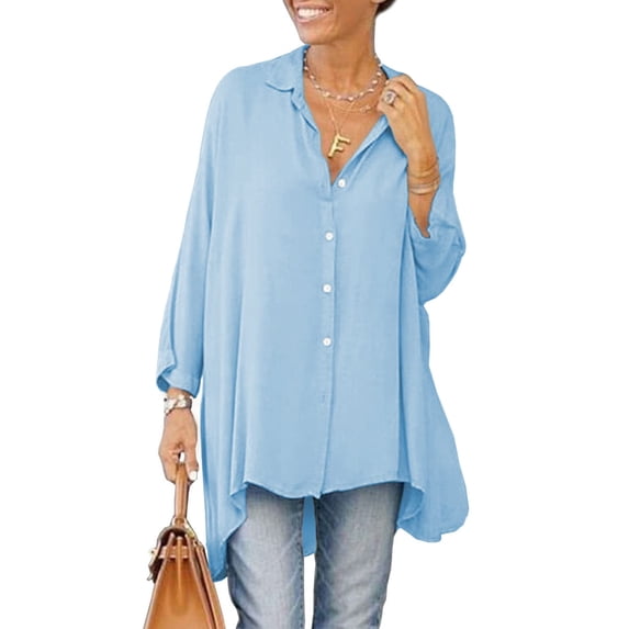 Women's Oversized Long Sleeve Button Down Shirt Loose High‑Low Hem Blouse