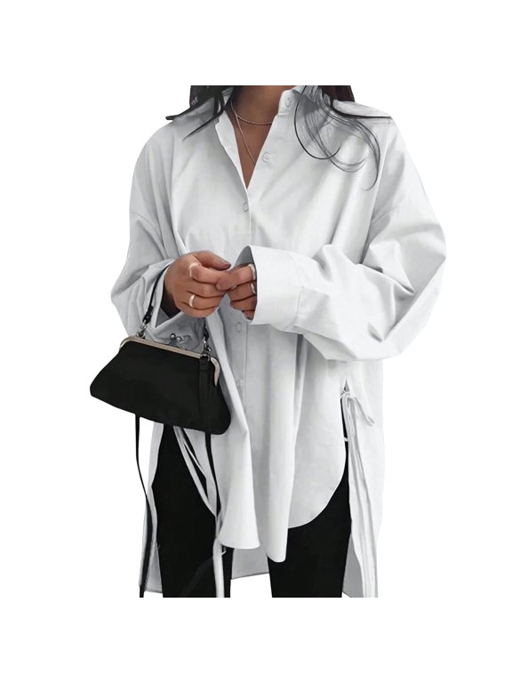 Women's Oversized Long Sleeve Button Down Shirt, Side Split Tie Detail Casual Tunic Blouse