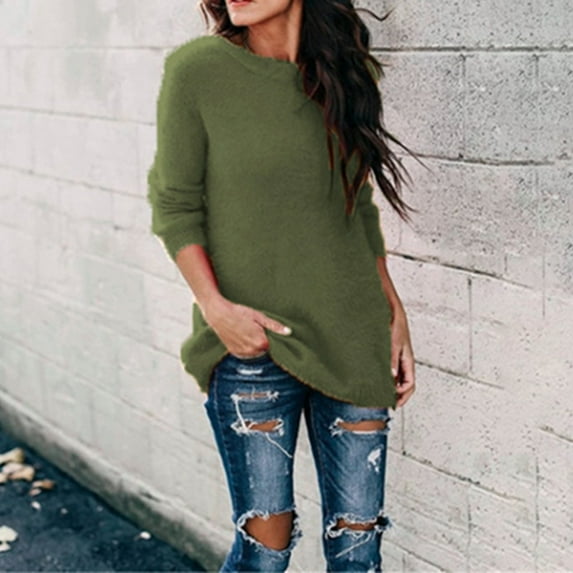 Women's Oversized Long Sleeve Crewneck Fuzzy Knit Warm Sweaters 2025 Fall Pullover Sweater Tops Army Green M