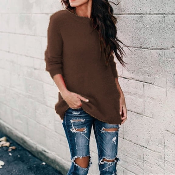 Women's Oversized Long Sleeve Crewneck Fuzzy Knit Warm Sweaters 2025 Fall Pullover Sweater Tops Brown 5XL