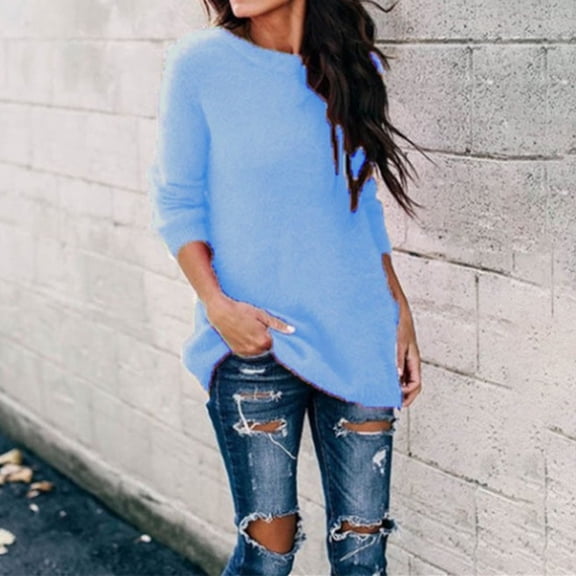 Women's Oversized Long Sleeve Crewneck Fuzzy Knit Warm Sweaters 2025 Fall Pullover Sweater Tops Royal Blue 5XL