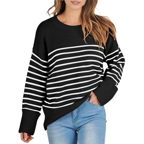 Women's Oversized Long Sleeve Fuzzy Knit Casual Chunky Pullover Sweater Fall Outfits Clothes Black White Stripe M