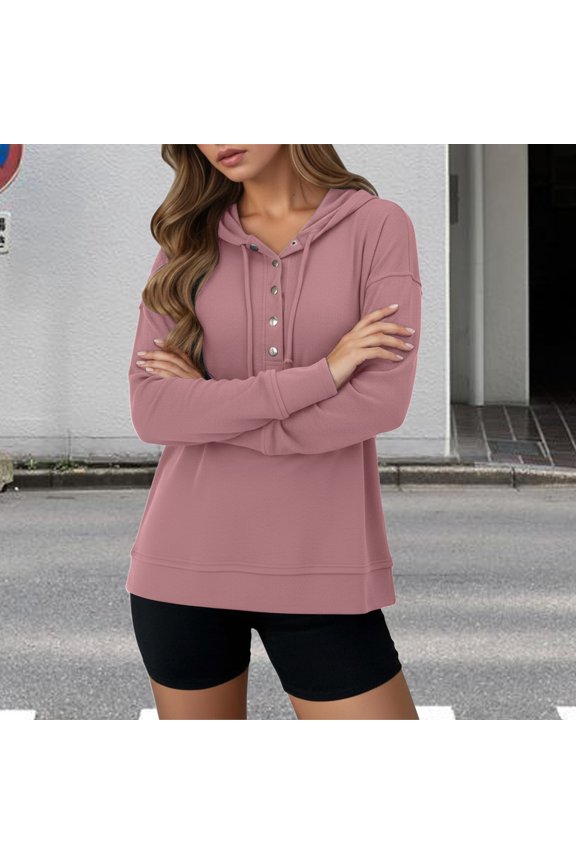 Women's Oversized Long Sleeve Hoodie, Drawstring Hood Pullover, Button Down V-Neck Sweatshirt, Casual Loungewear Top, Relaxed Fit Everyday Wear, Cozy Athletic Comfort Pink XXL