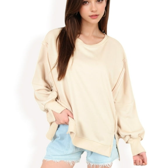 Women's Oversized Long Sleeve Pullover Sweatshirt with Drop Shoulders and Side Slits - X Large, Light Beige