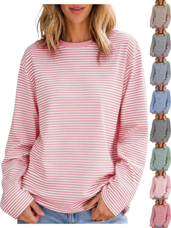 Women's Oversized Long Sleeve Striped T-Shirts Crewneck Pullover Loose Fit Casual Basic Everyday Tops