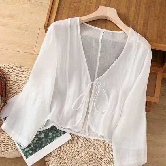 Women's Oversized Long Sleeve T Shirts V-Neck Linen Tops Solid Color Trendy Vacation Fashion Casual Blouses