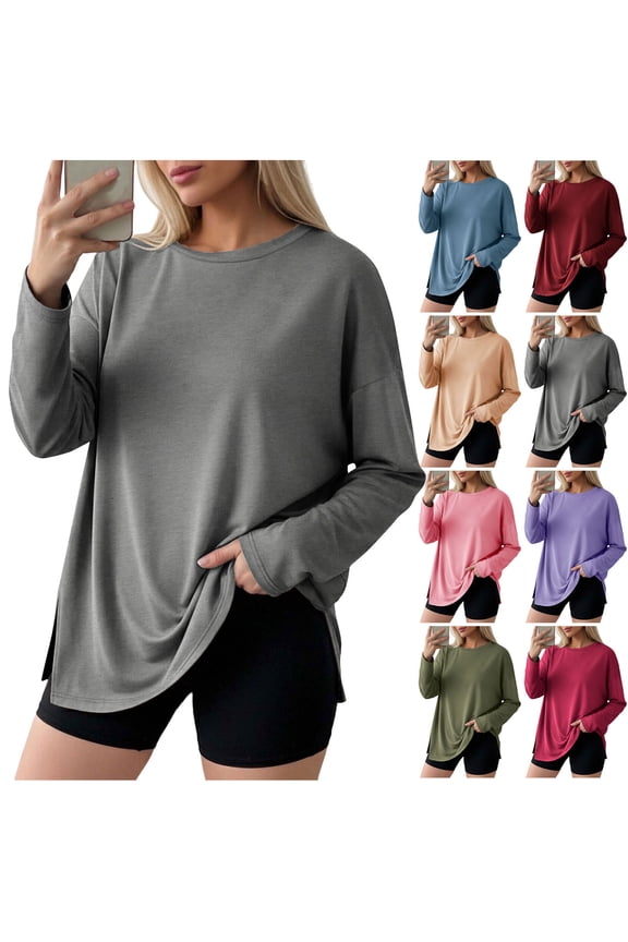 Women's Oversized Long Sleeve Tshirt Tee Top With Side Slit Loose Fit Workout Gym Casual Basic Fall Fashion Fitness Daily Wear | CSEONE,Blue XL