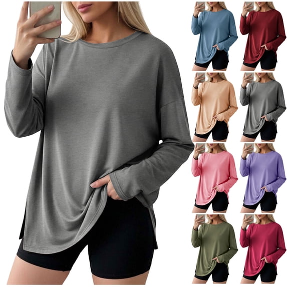 Women's Oversized Long Sleeve Tshirts Tops Tees With Side Slit V Neck Loose Fit Solid Color Soft Breathable Gym Casual Daily Wear Loungewear Ultra Soft All Day Comfort | CSEONE,Hot Pink M