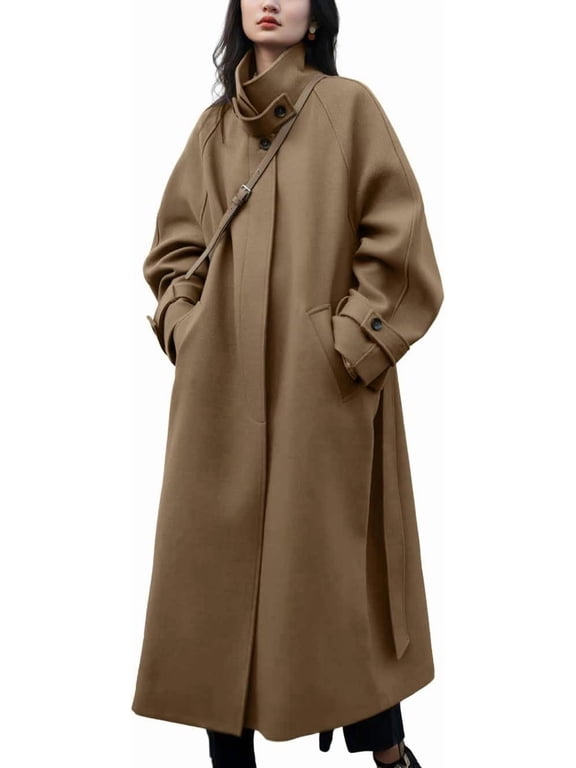 Womens Oversized Long Wool Blend Coat, StandCollared Loose Maxi Overcoat with Belt, Warm Casual Outerwear for Fall, Winter & Daily Street Style