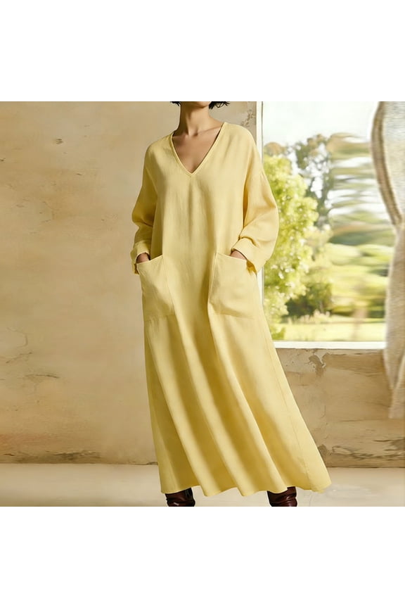 Women's Oversized Maxi Dress V Neck Long Sleeve Tunic Dress with Large Pockets Casual Flowy Kaftan Gown Loose Fit Comfortable Daily Home Wear Vacation Breathable