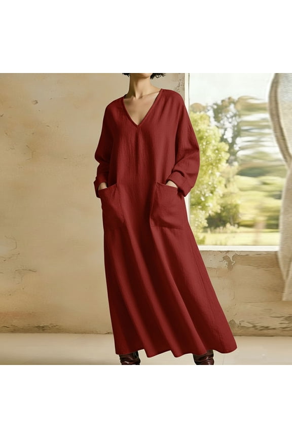 Women's Oversized Maxi Dress V Neck Long Sleeve Tunic Dress with Large Pockets Casual Flowy Kaftan Gown Loose Fit Comfortable Daily Home Wear Vacation Breathable