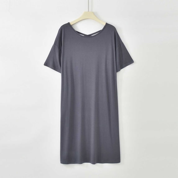 Women's Oversized Midi Nightgown Soft Knit Short Sleeve Pajamas Dress with Side Pockets for Daily Bedroom Loungewear Dark Gray Cotton Pajamas XL
