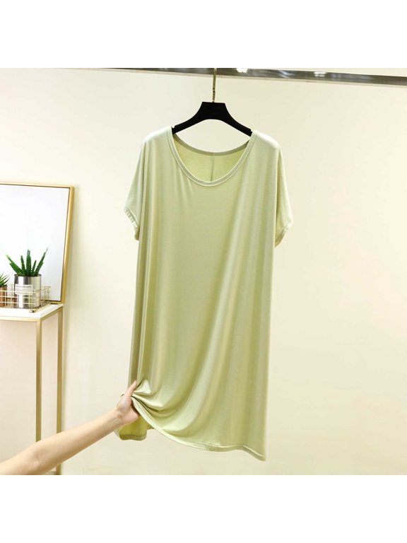 Women's Oversized Midi Nightgown Soft Knit Short Sleeve Solid Crew Neck Loose Fitting Sleepdress for Home Loungewear Green One Size