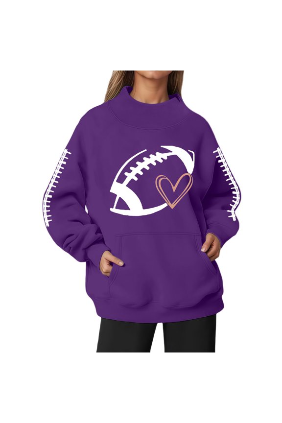 Women's Oversized Mock Neck Graphic Rugby Sweatshirt, Drop Shoulder Long Sleeve Pullover with Front Pouch Pocket, Relaxed Fit Heavyweight Top for Fall Winter Athleisure Streetwear Purple L