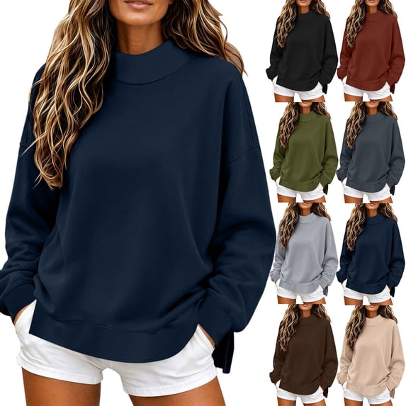 Women's Oversized Mock Neck Sweatshirt Long Sleeve Pullover Top with Side Slit & Drop Shoulder for Fall Winter