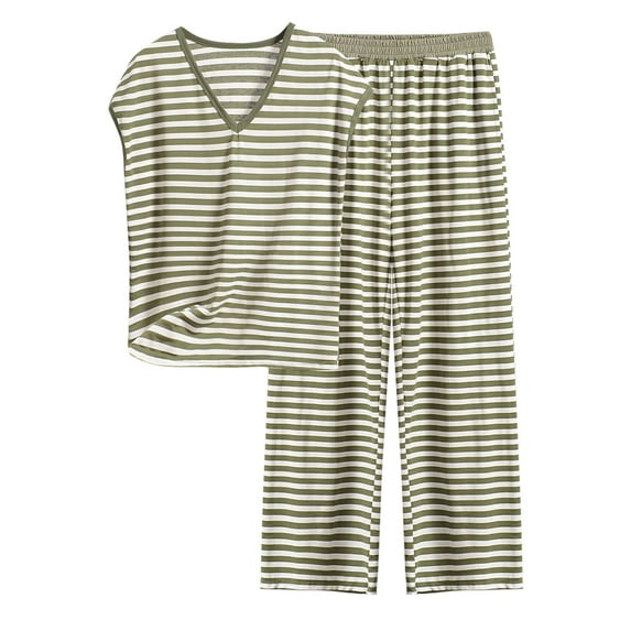 Women’s Oversized Modal V-Neck Striped Lounge Set – Short Sleeve Top & Flowy Pants (Effortless Summer Style)