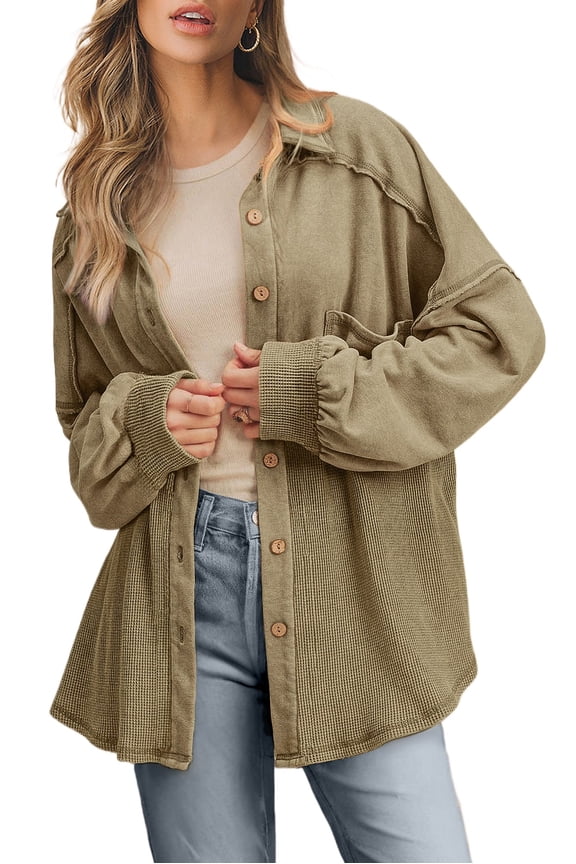 Women's Oversized Moss Green Patchwork Buttoned Waffle Knit Shacket - [ZhiHiMeRi] | (US 4-6)S,Moss Green