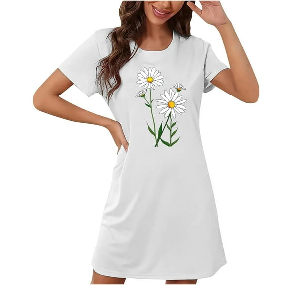 Women's Oversized Nightgown, Short-Sleeve Floral Printed Sleepshirt, T-Shirt Loungewear Nightdress Ladies Pajamas Shorts Skirt White XXL