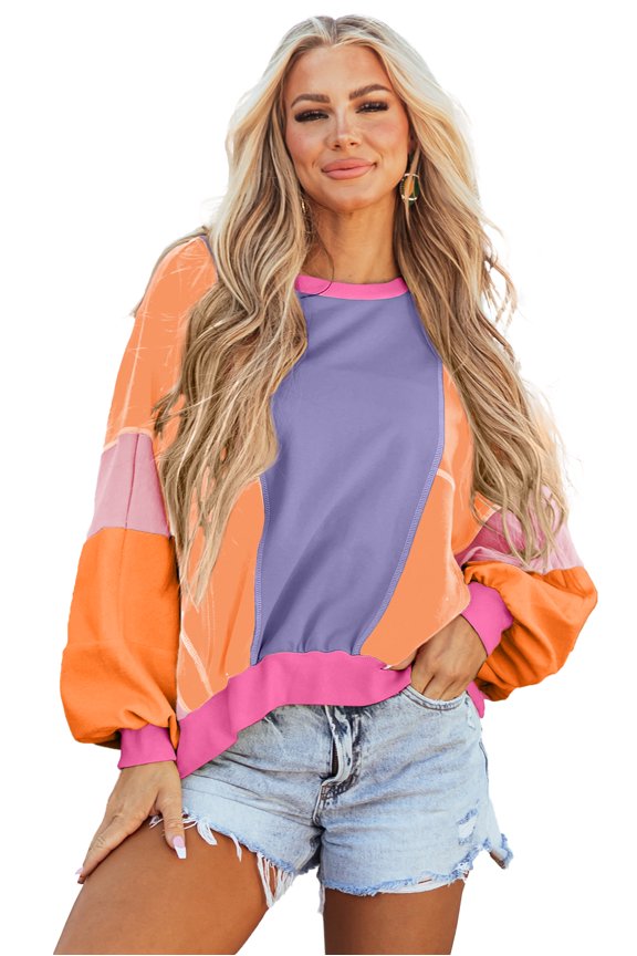 Women's Oversized Orchid Petal Colorblock Patchwork Exposed Stitching Top, (US 20-22)2XL