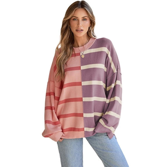 Women's Oversized Pink Stripe Colorblock Crew Neck Sweater