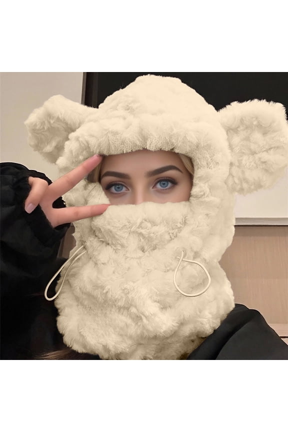 Women's Oversized Plush Bear Ear Hood, 3-in-1 Scarf Hoodie Mask, Fleece Lined Winter Balaclava, Animal Ear Hat, Cold Weather Face Cover, Cute Winter Accessory Set - Beige
