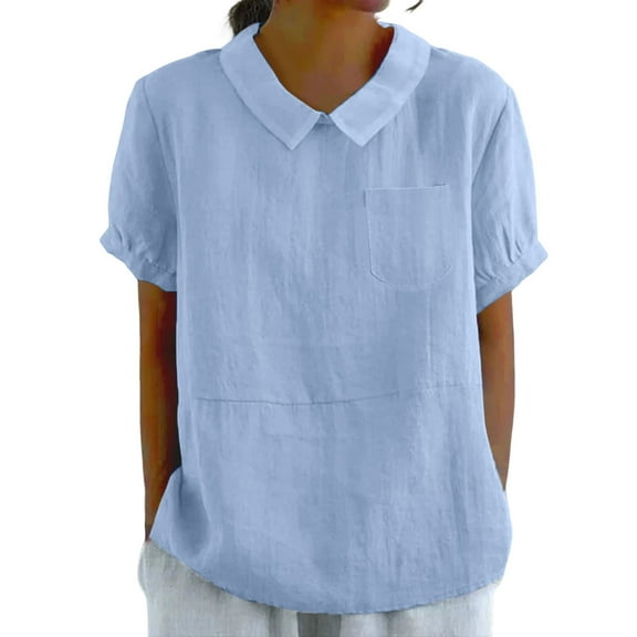 Women's Oversized Pocket Shirt - Cotton Linen Short Sleeve Top, Women with Pockets Breathable Cotton Linen Loose Large Size Slimming Lapel Shirt Short Sleeve Top Blue, L