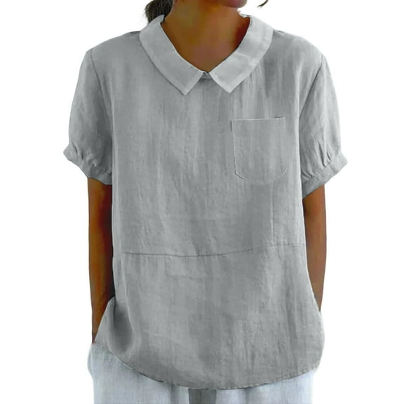 Women's Oversized Pocket Shirt - Cotton Linen Short Sleeve Top, Women with Pockets Breathable Cotton Linen Loose Large Size Slimming Lapel Shirt Short Sleeve Top Grey, S