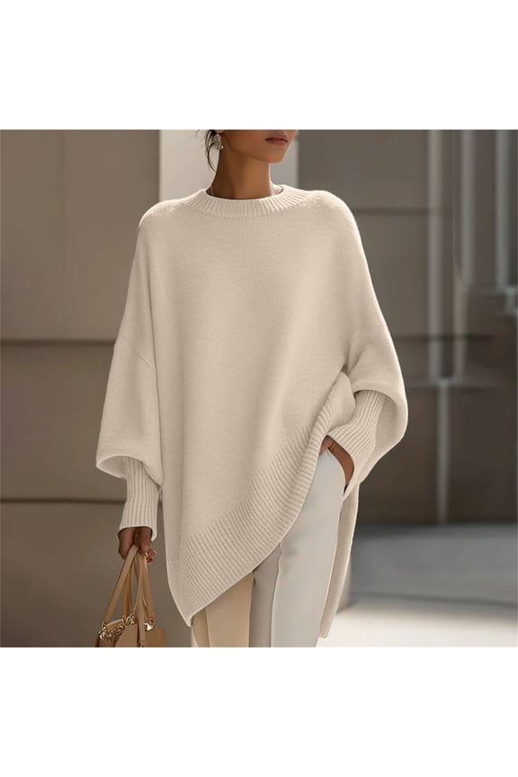 Women's Oversized Poncho Style Sweater, Elegant Dropped Shoulder Knit Top, Soft Luxurious Crewneck Pullover, Cozy Cape Like Design, Loose Fit Tunic, Fall Winter Comfort Wear Beige L