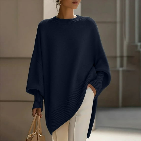 Women's Oversized Poncho Style Sweater, Elegant Dropped Shoulder Knit Top, Soft Luxurious Crewneck Pullover, Cozy Cape Like Design, Loose Fit Tunic, Fall Winter Comfort Wear Navy XXL