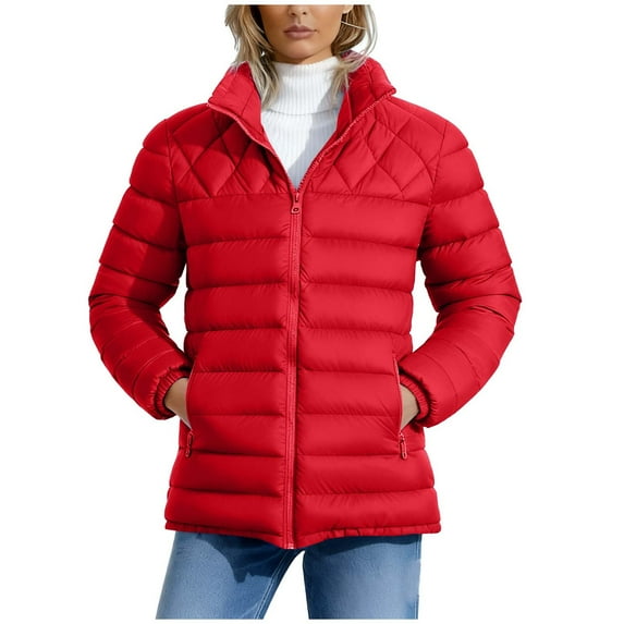 Women's Oversized Puffer Jacket Winter Warm Quilted Coat Stand Collar Full-zip Padded Coats Lightweight Windproof Outerwear with Pockets