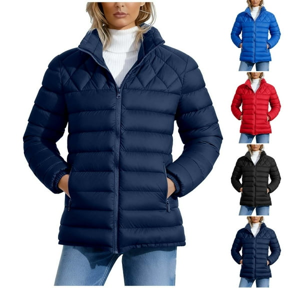Women's Oversized Puffer Jacket Winter Warm Quilted Coat Stand Collar Full-zip Padded Coats Lightweight Windproof Outerwear with Pockets