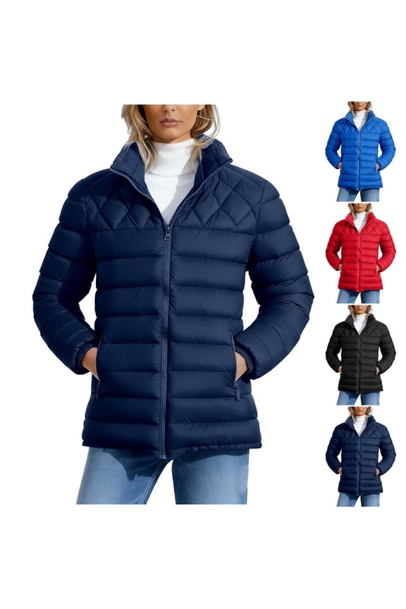 Women's Oversized Puffer Jacket Winter Warm Quilted Coat Stand Collar Full-zip Padded Coats Lightweight Windproof Outerwear with Pockets