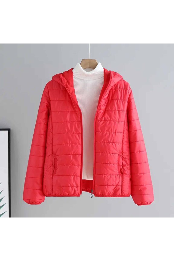 Women's Oversized Puffer Jacket Zipped Solid Color Long Sleeve Lightweight Pullover Warm Tops Coat with Pocket (2XL, Red)