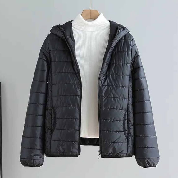 Women's Oversized Puffer Jacket Zipped Solid Color Long Sleeve Lightweight Pullover Warm Tops Coat with Pocket (L, Black)