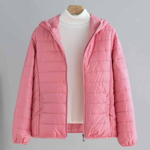 Women's Oversized Puffer Jacket Zipped Solid Color Long Sleeve Lightweight Pullover Warm Tops Coat with Pocket (L, Pink)