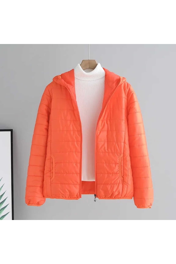 Women's Oversized Puffer Jacket Zipped Solid Color Long Sleeve Lightweight Pullover Warm Tops Coat with Pocket (M, Orange)
