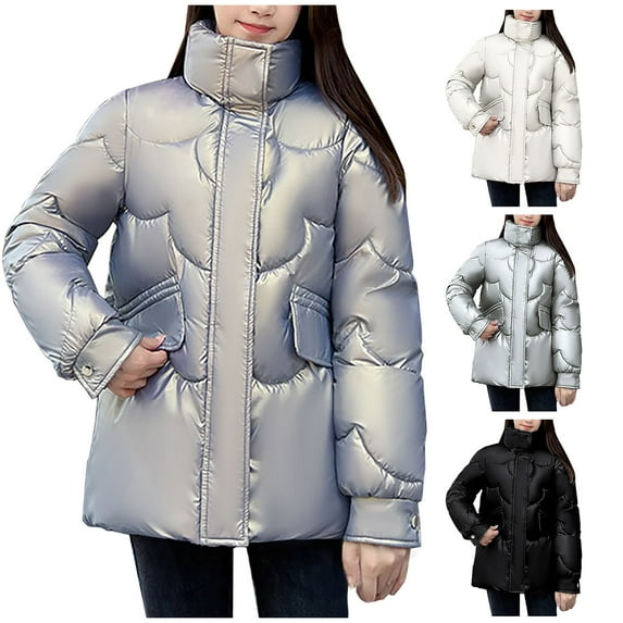 Women's Oversized Puffer Jackets Stand Collar Windproof Zip Up Long Sleeve Padded Jacket Solid Color Fashion Cute Warm Quilted Coat with Pocket Winter Thermal Casual Down Coats
