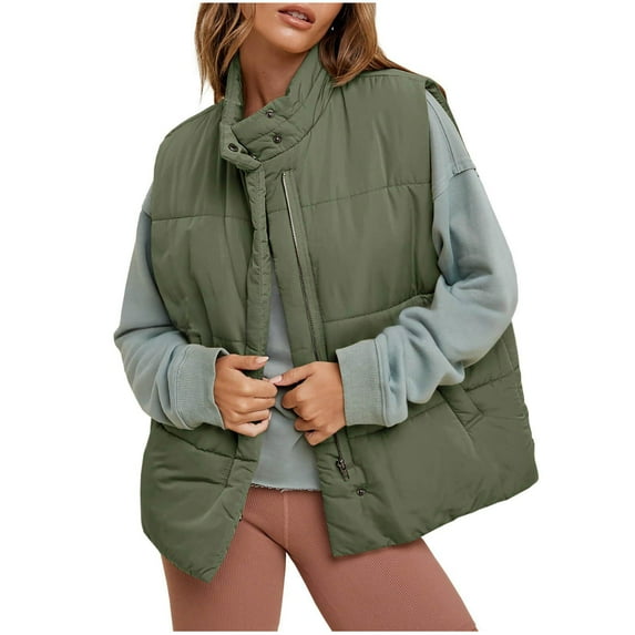 Women's Oversized Puffer Vest Zipper Quilted Sleeveless Outerwear Jackets Stand Collar Fashion Padded Coat Army Green, 2XL