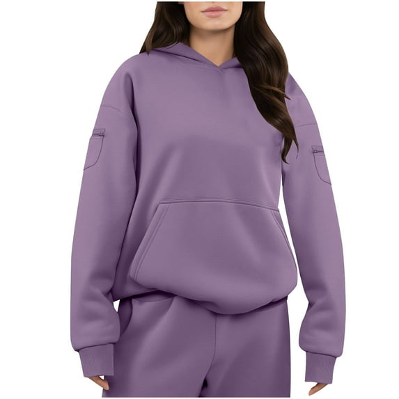 Women's Oversized Pullover Hoodie with 3 Pockets Crewneck Sweatshirt Long Sleeve Jogging Sports Fall Winter Tops (XL, Purple)