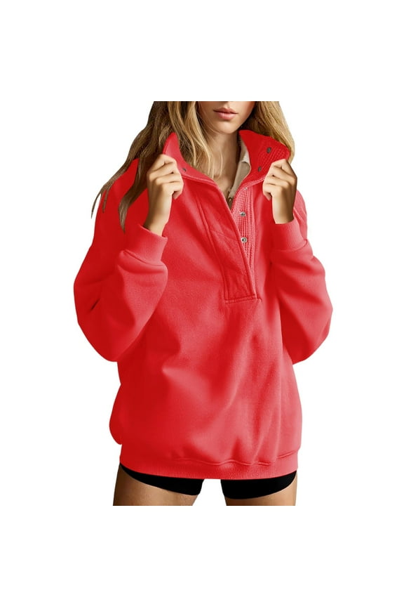 Women's Oversized Pullover Sweatshirt Top with Stand Collar Long Sleeve Loose Fit Solid Color Casual Daily Wear Loungewear Streetwear Fashion Essential Gift for Women | CSEONE,Red XL