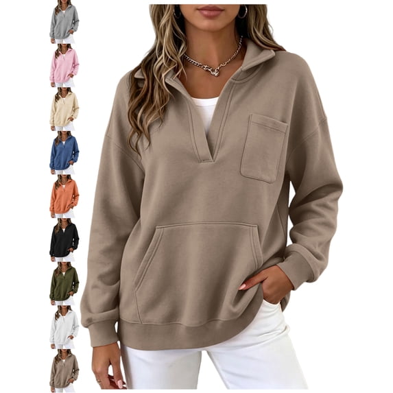 Women's Oversized Quarter Zip Pullover Sweatshirt Long Sleeve Collar with Pockets Basic Casual Fall Everyday Top